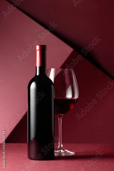 Fototapeta Bottle and glass of red wine on a red background.