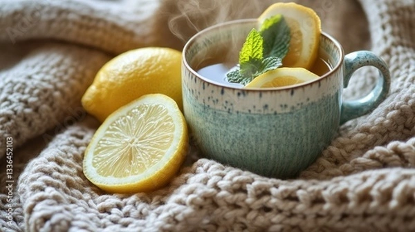 Fototapeta Hot ginger tea in a ceramic cup with lemon wedges and mint, placed on a knitted blanket. Gentle steam rises, creating a soothing winter mood.