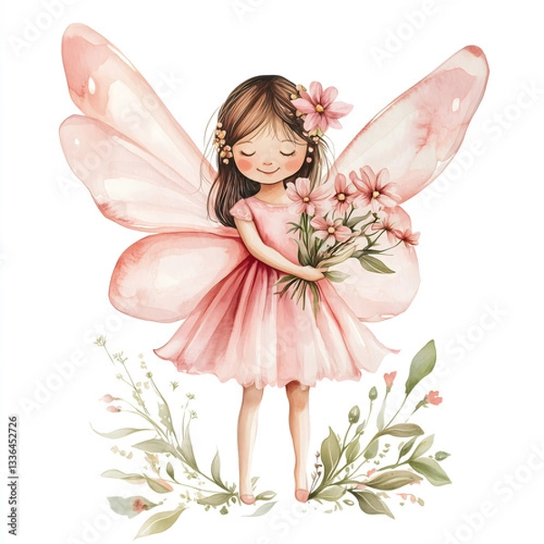 Fototapeta An adorable fairy with translucent wings holds a bouquet of flowers, surrounded by soft blooms in a floral fantasy setting, ideal for whimsical and magical designs.