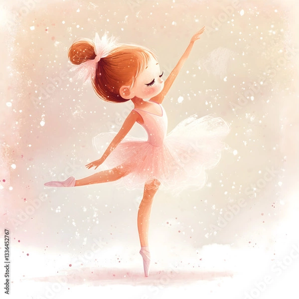 Fototapeta A charming fairy ballerina with delicate wings, dancing in a soft pastel glow, surrounded by a dreamy atmosphere, perfect for whimsical designs.