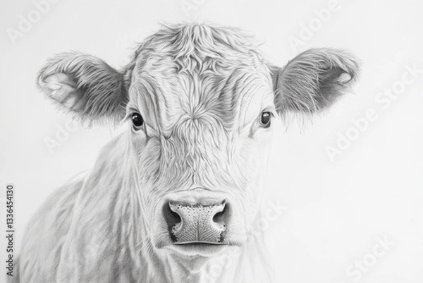 Fototapeta Artistic pencil portrait of a cow, with the cow's facial features and expression in the foreground, with contrasting shadows and clean white background for a sense of depth