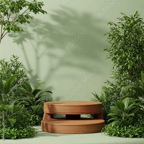 Fototapeta A wooden podium surrounded by lush green foliage, set against a light green wall with shadows. Mockup for product presentation