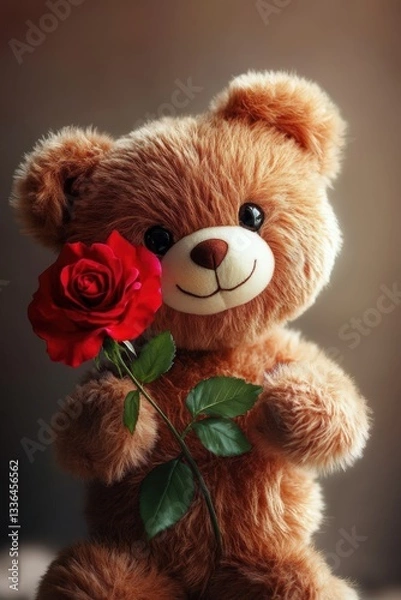 Obraz Teddy bear with a red rose. Selective focus.