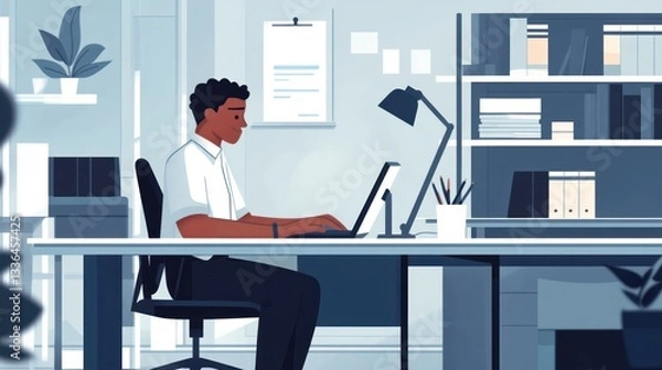 Fototapeta Illustration of an office worker using technology at a modern minimalist workspace