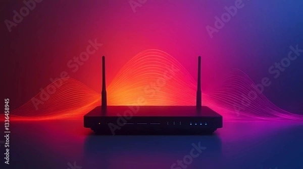 Fototapeta A sleek Wi-Fi router with dual-band technology delivers high-speed internet, ensuring smooth online streaming in a modern book illustration style.