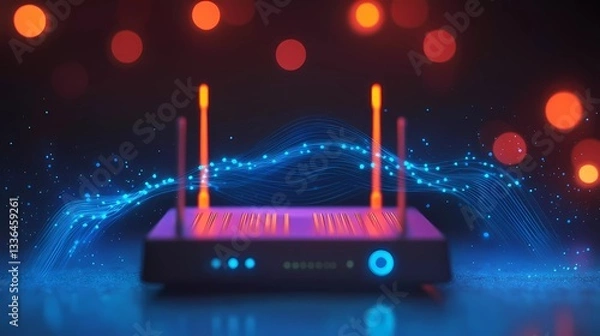 Obraz A sleek Wi-Fi router with dual-band technology delivers high-speed internet, ensuring smooth online streaming in a modern book illustration style.