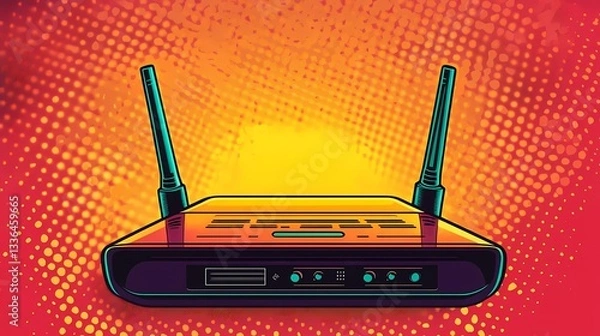 Obraz A sleek Wi-Fi router with dual-band technology delivers high-speed internet, ensuring smooth online streaming in a modern book illustration style.