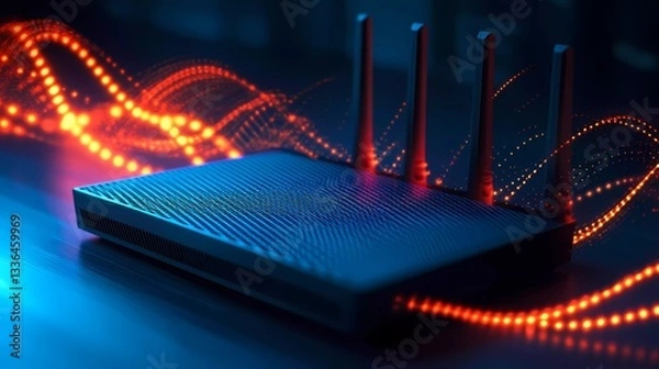 Fototapeta A sleek Wi-Fi router with dual-band technology delivers high-speed internet, ensuring smooth online streaming in a modern book illustration style.