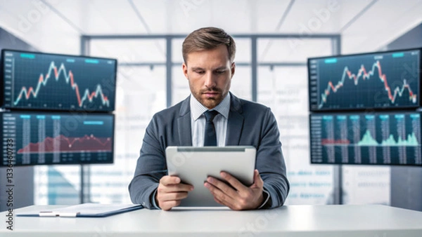 Fototapeta focused businessman analyzes data tablet modern office, surrounded by multiple screens displaying financial charts and trends, reflecting