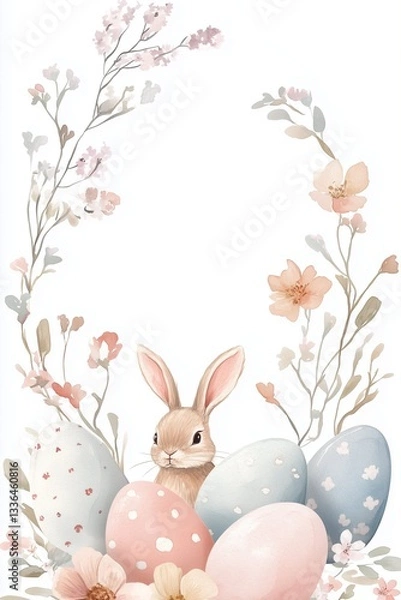 Obraz Watercolor Easter Bunny with Pastel Decorative Eggs and Floral Frame for Spring Holiday Greeting Cards and Invitations