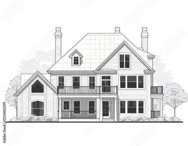 Obraz Architectural blueprint of a two-story house facade with chimneys