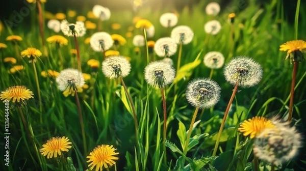 Fototapeta many blooming dandelions in the field. Selective focus.