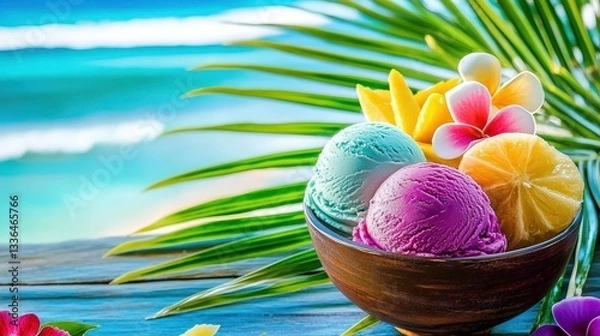 Fototapeta Ice cream and tropical flowers on the beach. Selective focus.