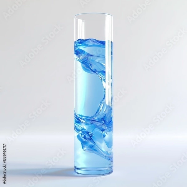 Fototapeta A translucent glass tube filled with vibrant blue liquid, refracting light into delicate patterns, placed vertically on a clean white surface.