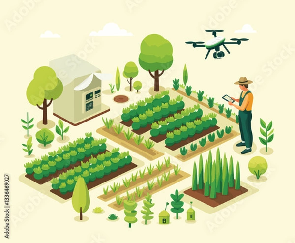 Obraz Isometric farm scene with drone and farmer using tablet