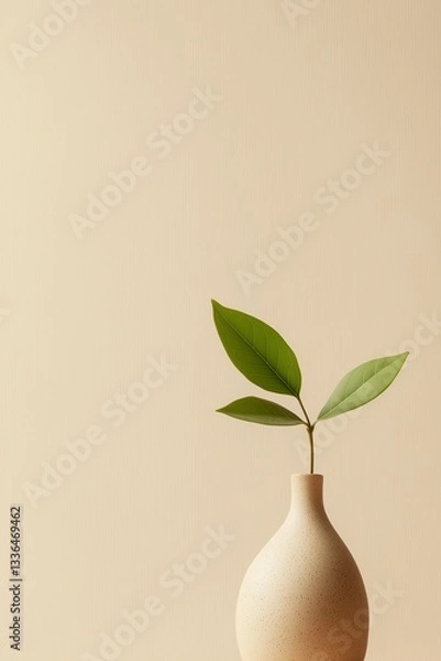 Obraz Minimalist still life with green plant in ceramic vase against beige background, symbolizing nature, simplicity, and eco-friendly interior design