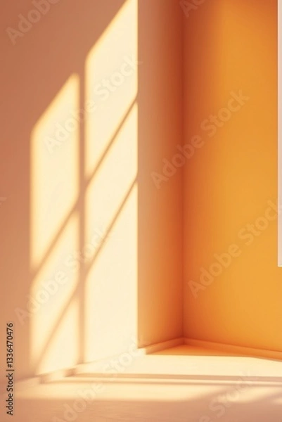 Fototapeta Minimalist empty room with warm sunlight casting soft window shadows on orange walls, creating a cozy and peaceful atmosphere