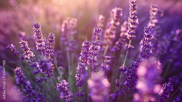 Fototapeta Full-frame shot of a purple lavender field (Lavandula angustifolia), aromatic blossoms stretching towards the horizon
