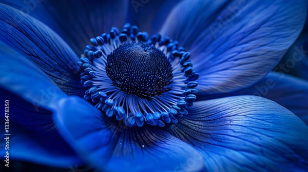Fototapeta Hyper-detailed macro shot of a royal blue anemone flower, vibrant petals with a dark contrasting center