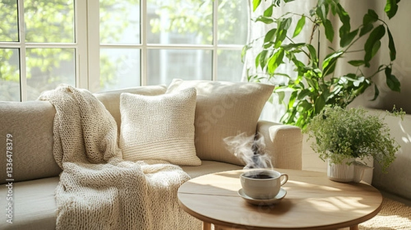 Fototapeta Cozy Scandinavian Living Room Interior with Sofa and Coffee Table