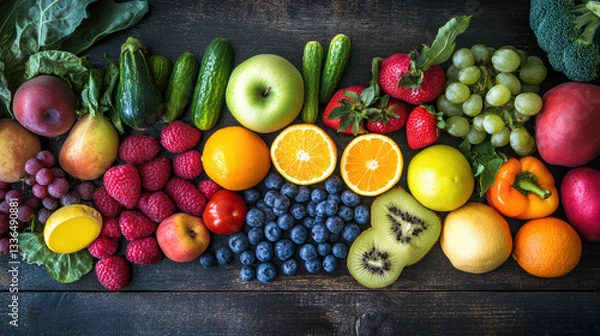 Fototapeta symphony of vibrant fruits and veggies, each bursting with color and freshness, lay artfully arranged on rustic wooden table, showcasing nature bounty for promoting well being