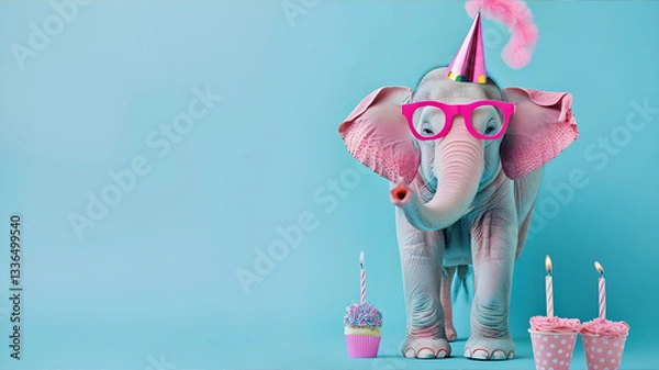 Obraz Funny pink elephant with birthday cap and pink glasses on a blue background. Empty space, generation ai