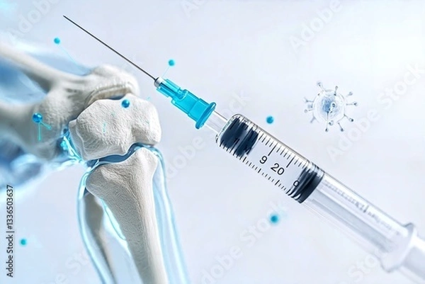 Obraz 3D illustration of syringe and knee joint symbolizing medical treatment for joint pain