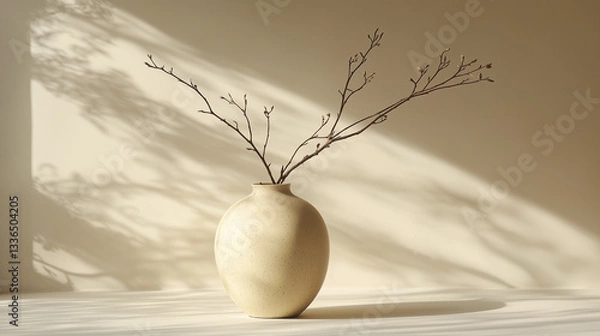 Fototapeta Elegant Minimalist Still-Life Composition Featuring Ceramic Vase with Branches and Soft Natural Shadows