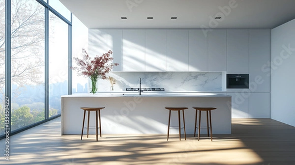 Fototapeta Elegant Modern Minimalist Kitchen Interior with Marble Island and Panoramic City View

