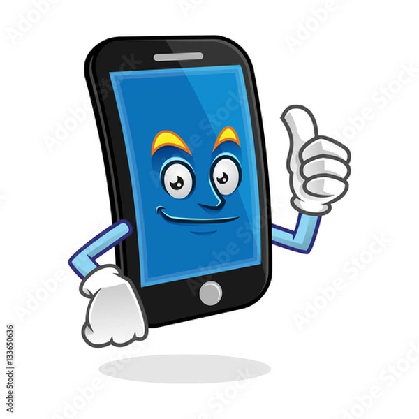 Fototapeta thumb up smartphone character, vector of cellphone mascot, mobile phone cartoon
