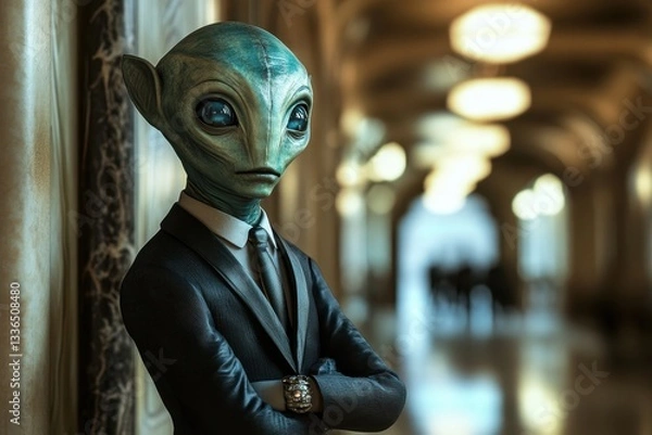 Fototapeta Alien in a Suit Standing in a Hallway