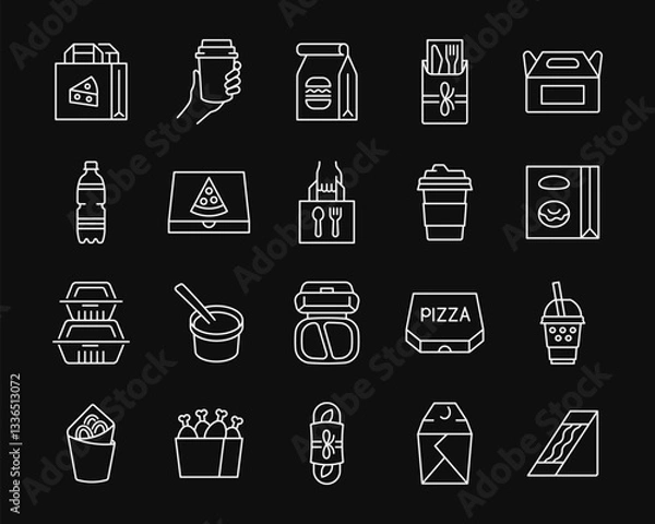 Fototapeta Take away food and drink line white icon set on black background. Fast food package. Delivery service vector collection. Editable stroke.