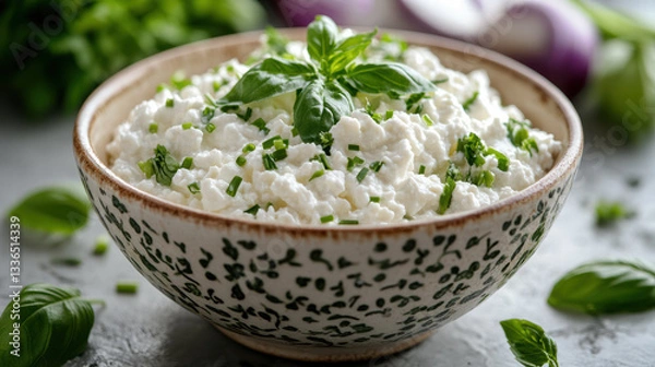 Fototapeta vibrant tableau of wholesome goodness featuring bowl of creamy cottage cheese adorned with fresh basil, parsley, and chives, testament to power of nature gifts for healthy digestive system and
