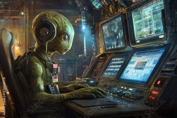 Fototapeta Alien Creature Working on a Futuristic Computer Interface