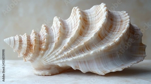 Fototapeta Close-up of a large, spiraled seashell with intricate texture and subtle color variations, resting on a light-colored surface.