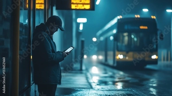 Fototapeta Waiting for transportation: Man using smartphone at futuristic bus depot during night
