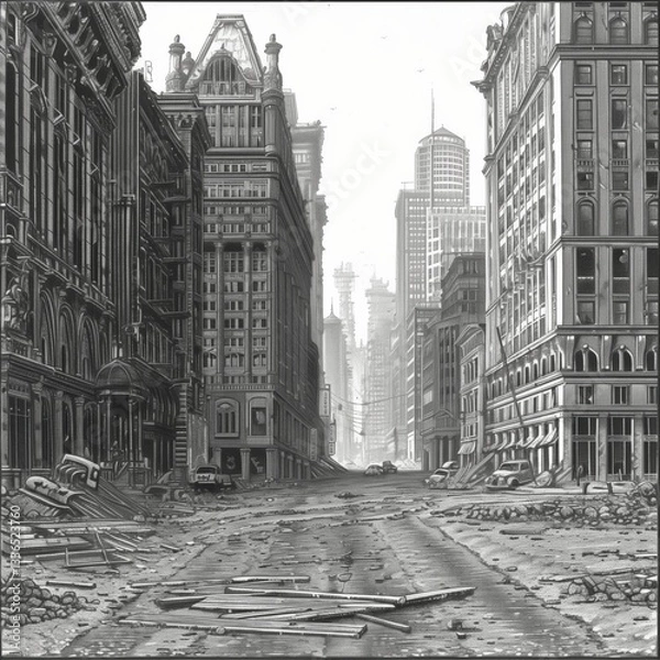 Obraz An empty city street showcases a post-apocalyptic view with debris scattered across the road, vacant buildings lining the pathway, and a desolate skyline in the background