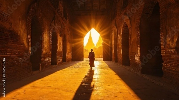 Fototapeta Monk walking through sunlit ancient temple corridor, Bagan, Myanmar contemplation