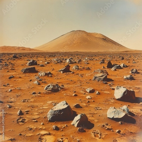 Fototapeta Exploring the barren landscape of Mars revealing the Martian surface of the red planet with rocky formations and distant hills