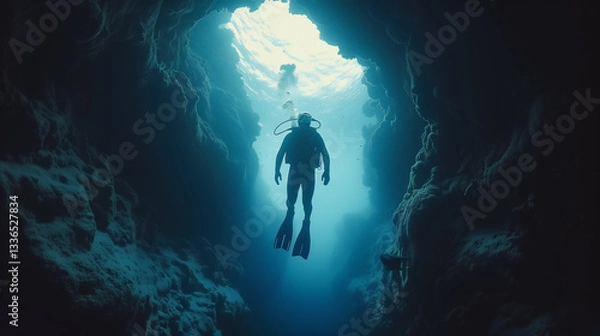 Obraz  diver hovering inside a cave under water