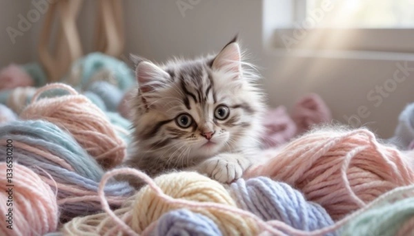 Fototapeta A cute fluffy kitten with big, bright eyes playfully hiding in a pile of soft, pastel-colored yarn. The yarn is scattered all around, and the kitten is peeking out, looking curious and mischievous.