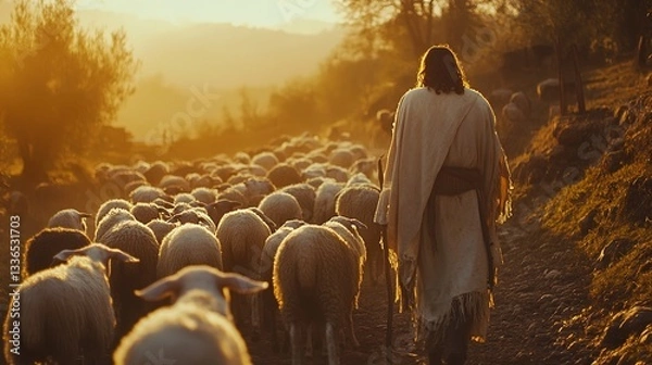 Fototapeta A cinematic shot of Jesus, the shepherd, in ancient times, leading his flock of sheep and goats