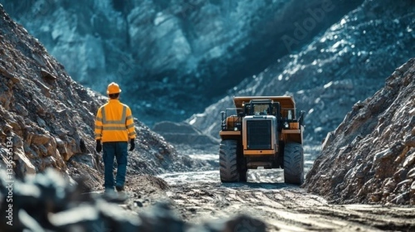 Fototapeta Mining industry scene showcases worker guiding a large autonomous mining vehicle
