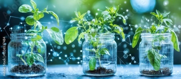 Fototapeta Technology and plants in jars represent a new generation of farming