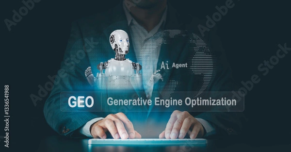 Obraz GEO generative engine optimization concept. Businessmen use agentic Ai, icons on websites to rank search engines, Search with assistants Artificial Intelligence data technology from internet network