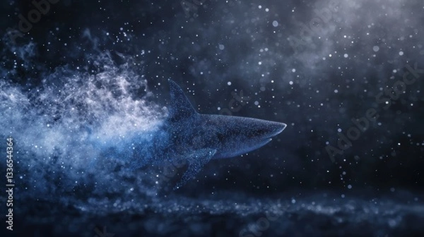 Fototapeta Cybernetic Shark Surrounded by Blue Digital Particles in a Dark Ocean Environment