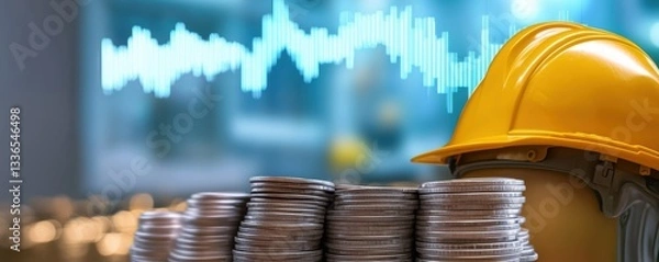 Fototapeta A construction worker in a hard hat stands beside stacks of coins, with soundwave graphics in the background, symbolizing financial progress and industry.