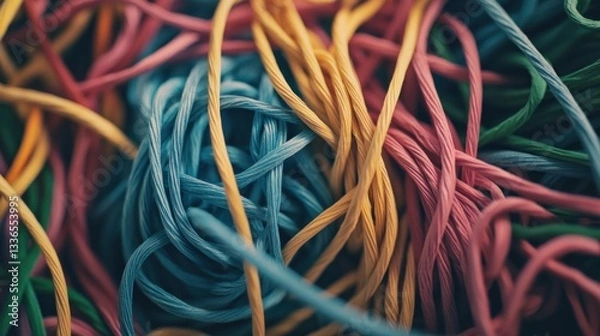 Fototapeta Close-up of tangled colorful cords.