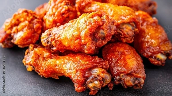 Fototapeta A tempting stack of crispy, golden brown chicken wings, glazed in a spicy sauce, perfect for snacking or sharing at gatherings.