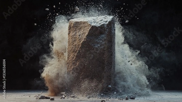 Fototapeta Stone block exploding into dust cloud.